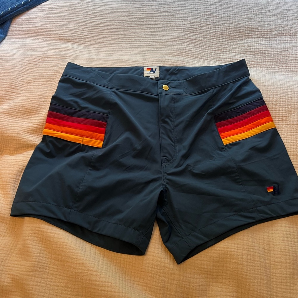 Aviator Nation Deep Teal Blue Swim Shorts with Gold Snap